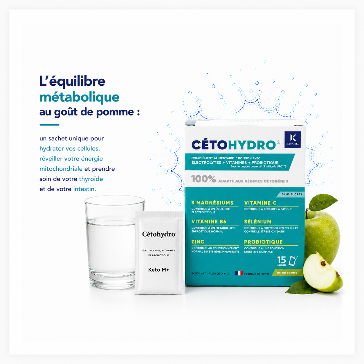 CETOHYDRO® –CetoHydro® Manzana | Electrolitos Keto y Probióticos | Potasio, Vitaminas e Hidratación